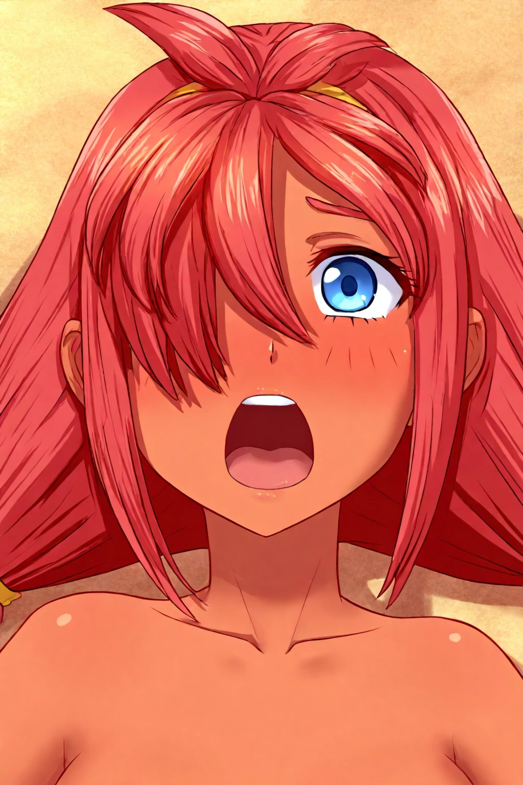 masterpiece, Best quality, super high detail,1 girl, Red hair, scarlet eyes,charming oval face,double eyelid,double lips,I look at the viewer,((Naked)),on the knees,open mouth,(tongue hanging out:1.2),(sperm in the mouth),great detailsзация,ecstasy on the face, evil eyes, double braids,big tits, swimsuit,Beach,great details
