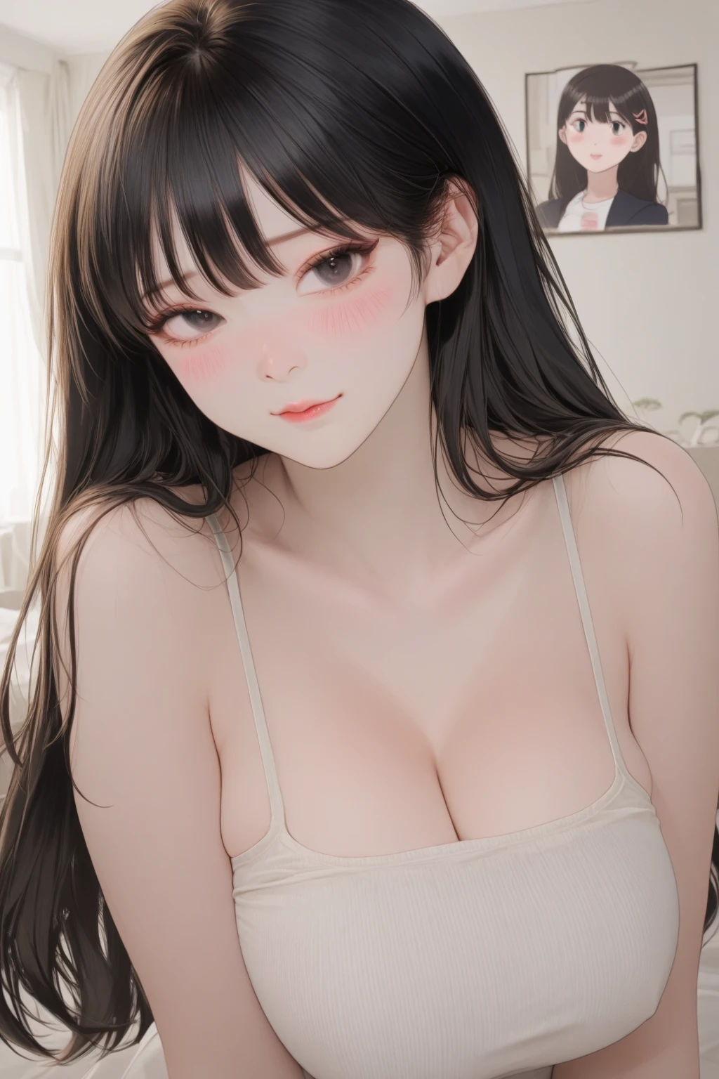On the bed、Close-up photo of a beautiful naked woman、Black Hair、bangs、Place two images, up and down