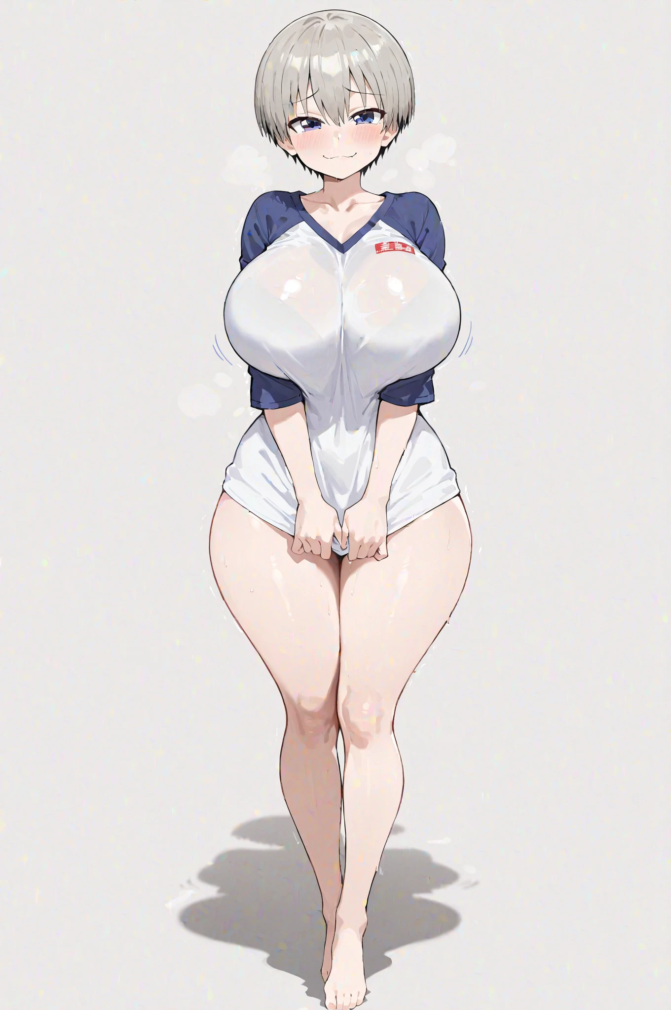 pale woman, short pixie purple hair, some hair on the back of her head, big earring, half lidded eyes, dark black eyeshadow, very massive and huge breasts, hyper breasts, very busty, small waist, wearing a very skin-tight white t-shirt that covers her waist and stomach completely, short sleeve, wide hips, thick thighs, thick legs, wearing small black lacy panties, the panty straps lie right about her hips, barefoot, tiny feet, nail polish, standing, (entire body shown including legs and feet)
