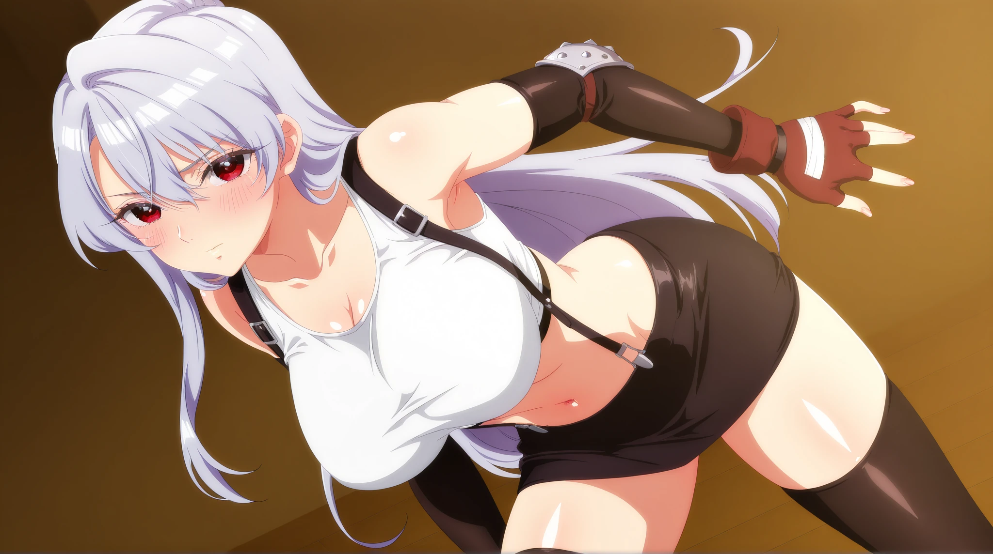 Yamato, open-toe platform high heels, white crop-top, short shorts, cleavage, black lipstick, black eyeliner, black nails, dirt road, countryside, angry, crying, spiked collar, spiked wrist bracelets, leash on collar, spiked ankle bracelets, wrists tied up, ripped clothes, blushing 