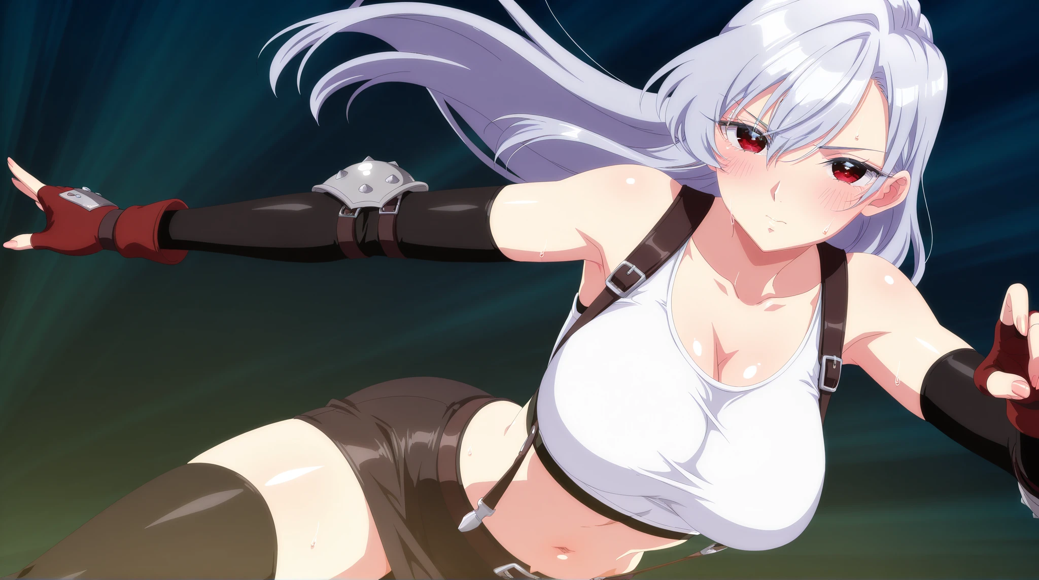 1 girl, windy forest background, shiny backlight, battle scene, bowing arrow, volumy long ponytail, silver hair, red eyes, middle breasts, her hair is fluttering down, white fantasic leotard outfit, white long loincloth,brown belts, long Quiver of Arrows behind back, strongly draw the bowstring shooting arrow, holding bow,open legs,open thighs, arched back, scerious, aiming, gazing, cowboy shot, looking side, masterpiece, best quality, general, rotated composition, 