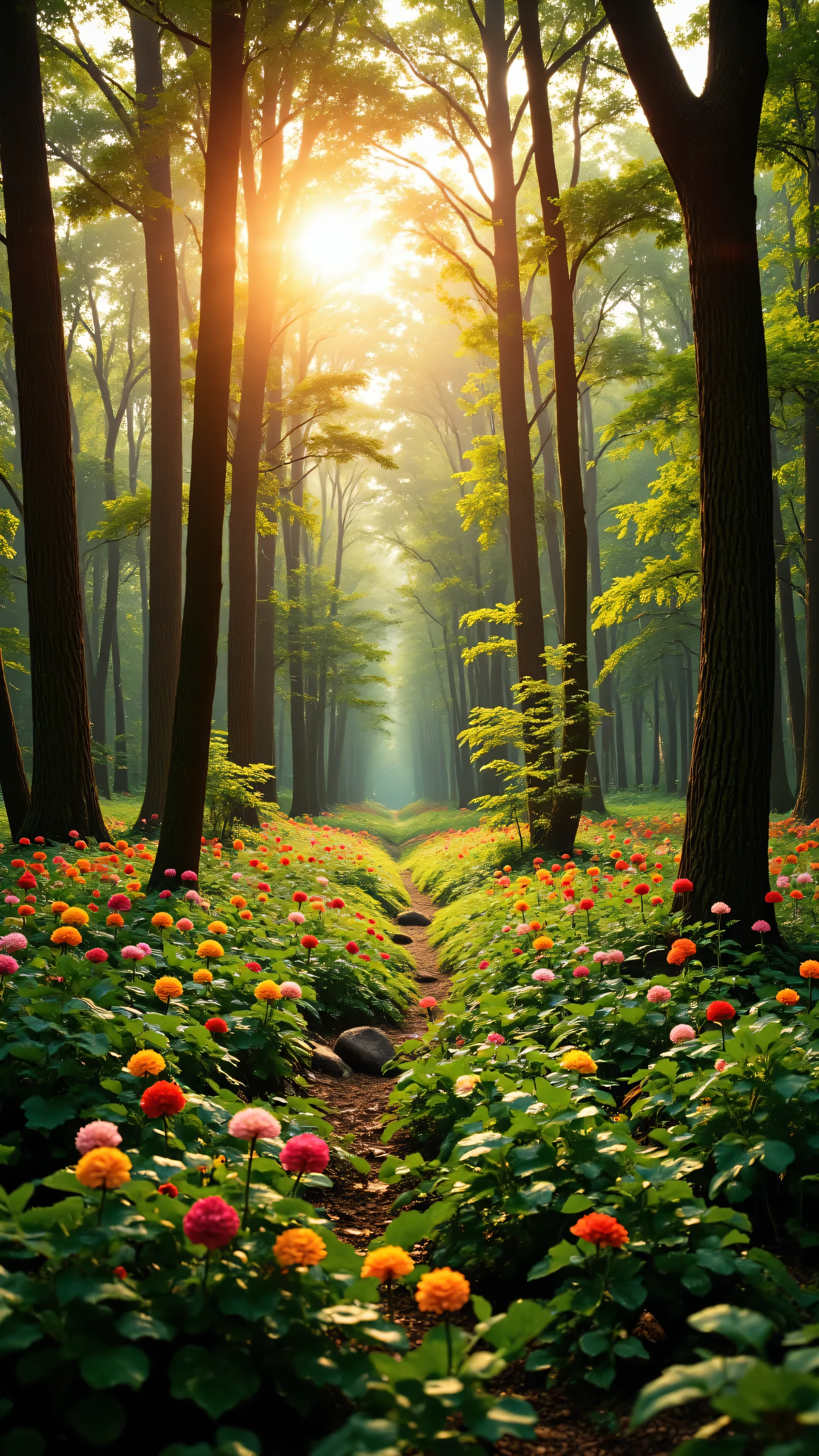 highdefinition images 、Italy、Forest seen from Milan、 Muimori、 Flowers and trees々Forest of 、 Magic hidden in branches、 8k 、 ( High Quality Seven Colored Flowers ) A forest full of fantasy worlds 、 Milan's soft sunrise。