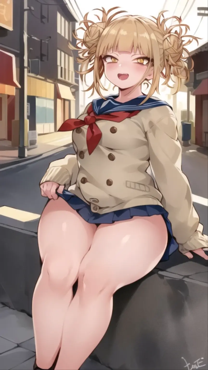 Masterpiece, best quality, 1girl, detailed face, toga himiko, yellow eyes, light from behind, sunset, super detailed, street, cinematic lightning, happy, looking at viewer, transparent bunny suit, medium breasts, wide hips, black suit, spread legs, thick thighs,