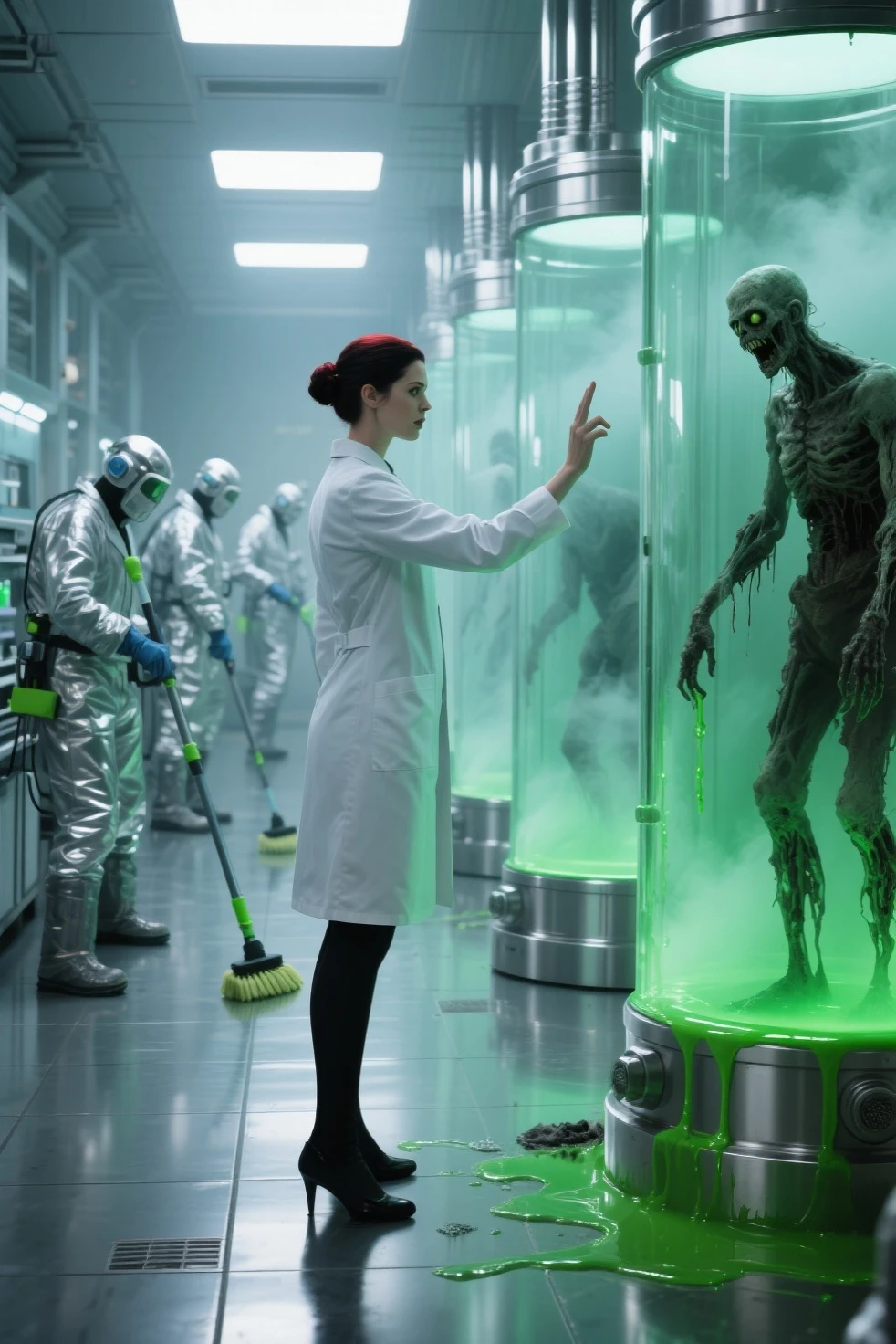 Biologist examining a fish in a glass room surrounded by zombies