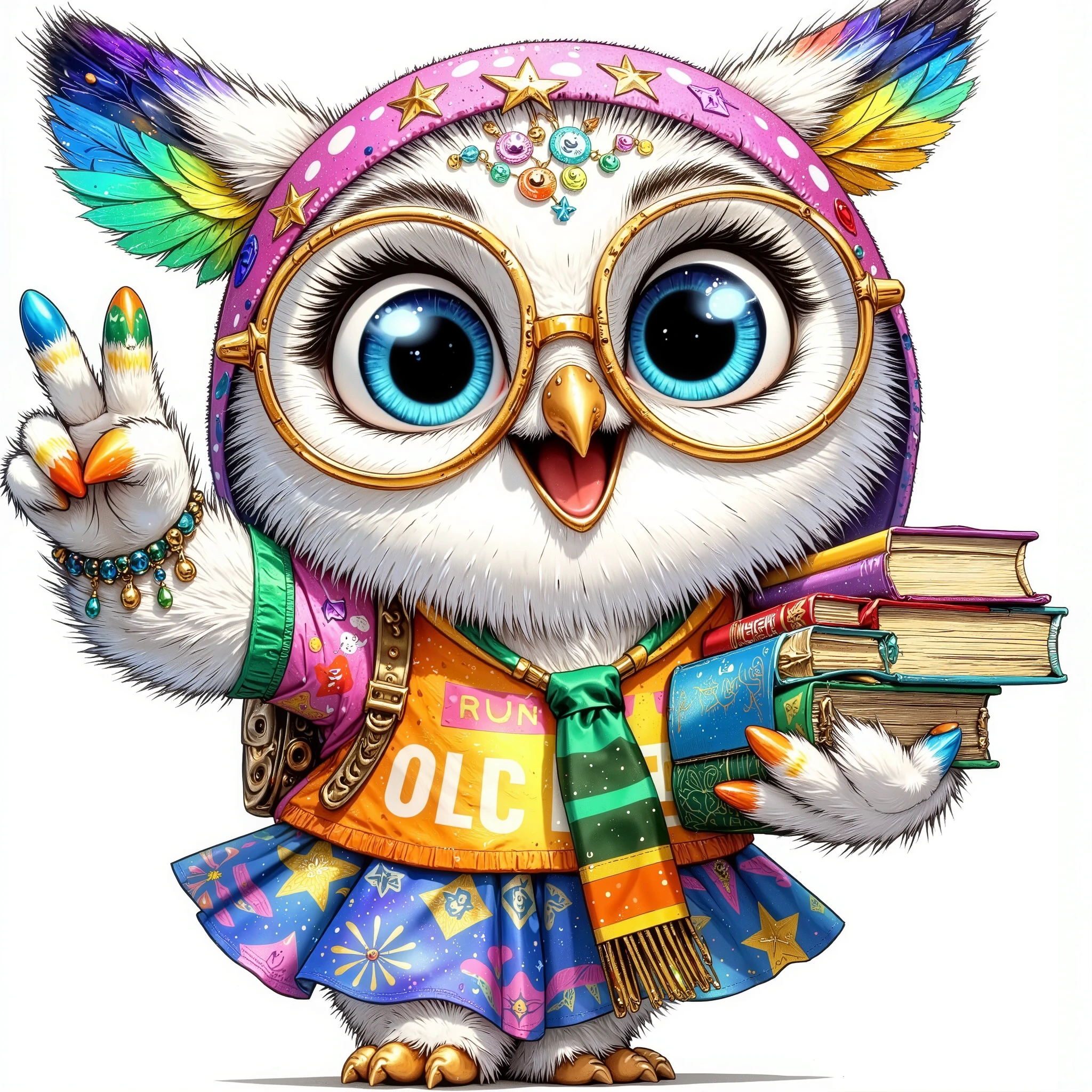goldglitter (extremally detailed hi-rez and realistic ideal silk glossing hairs and goldglitter shine detailes: 1.5) a quirky crazy happy expressive emotions by pixarand Zootopia,glossing vibrant vivid, color-metallicgoldlines-inkblacklines, watercolor with clear contours, single very cute flirtous 15years Hedwig white polar owlteenager cool teenager with schoolbooks, school glitterclothes, isolated clipart on white background, glossing gold details,highfashion pose,whole-body,Zootopia,whole-body full-body clipart,GREGRUTKOWSKII STYLE