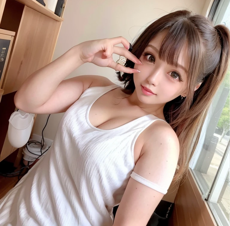 Tabletop、Super cute face、Large Breasts、 Large Breastsの谷間、Good style、Natural Lip、Fair skin、Great light、Beautiful lighting、((Straight hair、ponytail))、Brown Hair、Blunt bangs、Cute T-Shirts、Tight Skirt、Gorgeous Accessories、on the train、Sit in your seat、smile、かわいいsmile