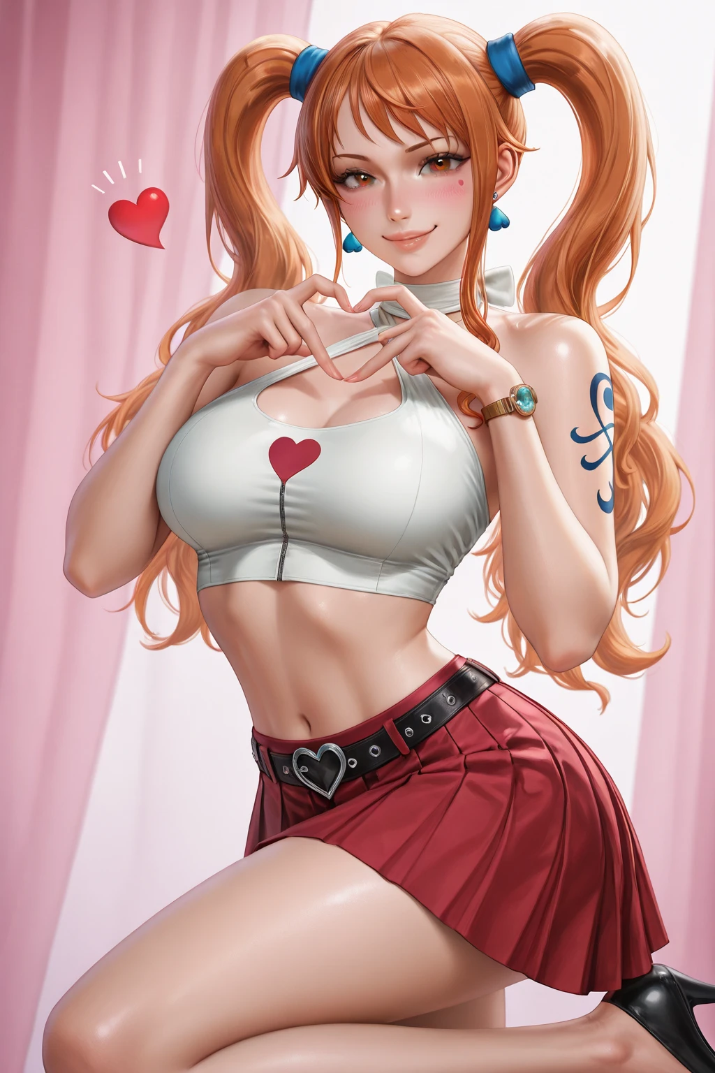 (1girl, solo, masterpiece, 4k, best quality:1.2, (cowboy shot), best quality:1.2, NICE HANDS, COLORFUL, (perfect hands, perfect anatomy)),
utaop, headphones, white background, blush, dress, hair over one, red and white hair, multicolored hair, high stocking,
((medium breasts, big hips, looking at the viewer)),
((simple background, white background)), <lora:GoodHands-vanilla:0.7>