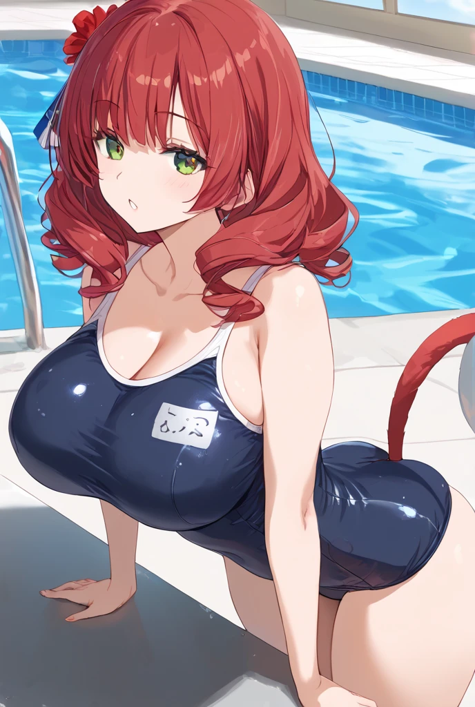 16 year old girl, Skinny blue bikini, Very muscular, Long red hair, huge tit, Huge breasts, OPPAI ratio, Short white hair, Brown eyes, Thin waist, Huge ass, Smiling, full bodyesbian, Hands on the waist, Pose sexy in the pool，nakeness，Protruding