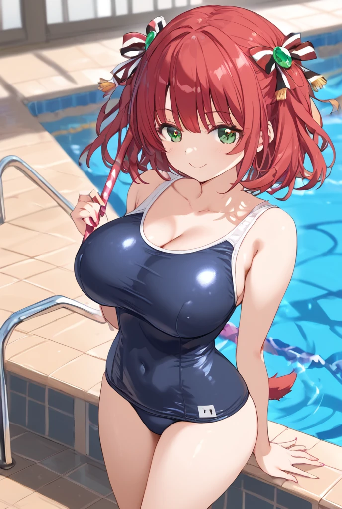 1girl, medium hair, red hair, flower ornament, hair ornament, ornament, one-piece swimsuit, green eyes, blue swimsuit, competition swimsuit, huge breasts, thick thighs, wide hips, pool, poolside, smile, light smile, 2d, anime style, anime screencap, blue competition swimsuit
