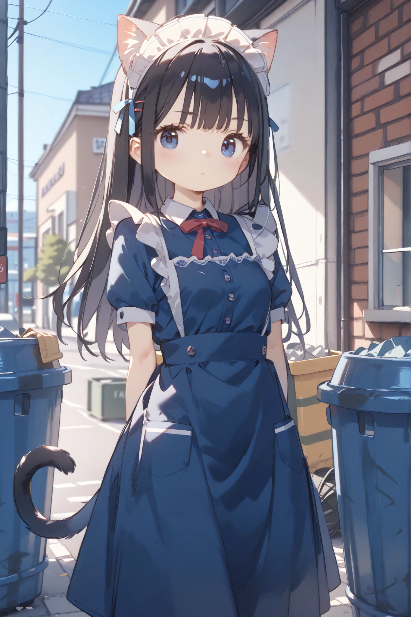 High Definition、High Quality、8ｋ、4ｋ、Lift the trash can、with both hands、1 girl、Little girl、young、 immature body、Beautiful girl、big boobs、long hair、dark haired、Blue Eyes、Cat ears、cat tail、Maid、Maid服、Apron、Lift the trash can、、with both hands、cleaning in progress、heavy、busy、Serious、「 good 」