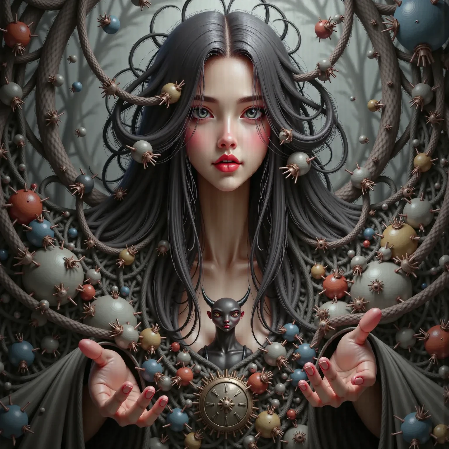 (masterpiece, best quality: 1.2), ultra detailed, highest detail, (body horror: 1.4), (biomachine: 1.3), (bloody: 1.2), living being, (colorful: 1.2), Hans Giger, many hands, (zentangle: 1.2), cranium basher,