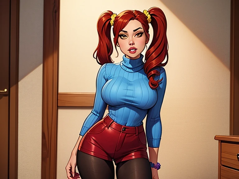 1 female, hourglass figure, pouty look, housewife, cleavage, Black turtleneck, small waist, thick thighs, orange hair, braided, hands on hips, tight jeans, masterpiece, slanty eyes, realistic lips, masterpiece, 4k.