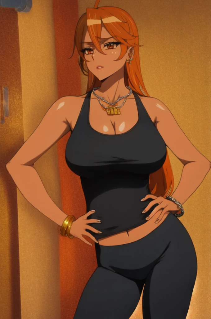 tall body, tall, long legs, mature female, mature, adult, eft_hotd_orange, 1girl, solo, orange hair, brown eyes,Big breasts, enormous large breasts, big cleavage, ((tank top with cleavage and open navel)), (Tight lowrise yoga pants),Plump, Half eyes expression, Hoopa earring, ((silver chain tag necklace)), ((big Hoopa bracelet)), Long nail, eyeshadow,Sweat, (earPierce), Thick lips,Rei miyamoto,Perfect face,detailed face,eyes on viewer,Golden ring,Standing,,Gloss lips,Horny,Half eyes open,Soft expression,Wide hips,big hoops Earring,Soft expression,Confidence,Curvy figure,Many gold rings,gold rings,spouty lips expression,Black girl,Tatto, Solo,Tanned skin,Wide hips,Swaying hips,Standing pose,Oversize breast,Lipstic,Professional make up,Eyeshadow,Tight tights,Detailed face,untidy apartment room,Detailed hand,fullbody,High quality pitcure,day,long hair with bliwn back bang hair,enchanced big breast,tight thights,multi layered Gold chain necklace,Sleeve Black colored tattoo,1hand on hip,Light blush,Blacked women