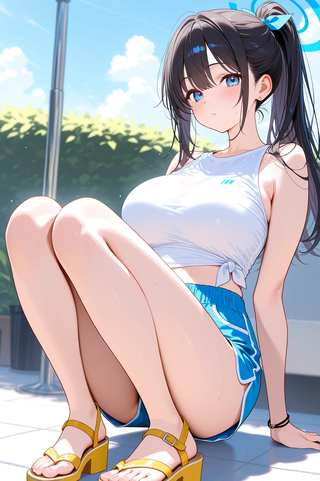 Highest quality, Soft Light, Ultra-high resolution,People Girls, alone, sexy, (Smiling), (Brown eyes), Beautiful face in every detail,(High resolution detail of human skin texture), (Brown long hair), break,Cheerleader, Blue sportswear,Blue tennis skirt,panties,(Sweat:1.5),Sigh,Crossing your legs,Spread your legs,My leg is being grabbed,(After Sex:1.7),Outdoor,Standing and dancing