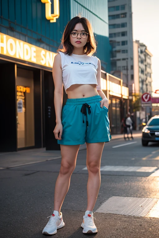 standing upright, ((different a girl faces, America, Russia, Korea, Japan, Ukraine, Indonesia, Philippines, Turkey)). (various styles and hairstyles, short, long, hair tied or loose), body facing the camera, The hands are very detailed). fingers visible. The results of the photo of the body perpendicular to the camera are visible up to the knees. close-up image of a woman with a different color top, and different color short trousers. 1girl.