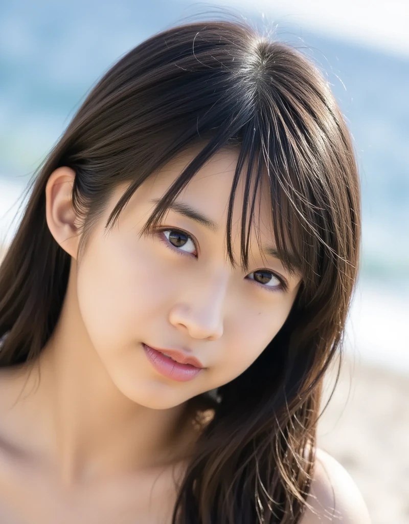 8k, highest quality, masterpiece, super high resolution, (realistic:1.4), RAW Photos, (Film Grain:1.3), One Girl, portrait of a skinny Japanese woman, 30 years old, walking on the beach. She has a cute face and black hair. She is wearing a swimsuit. (Real skin texture:1.3), correct body anatomy, ((detailed face, detailed eyes)), phòtogravúre