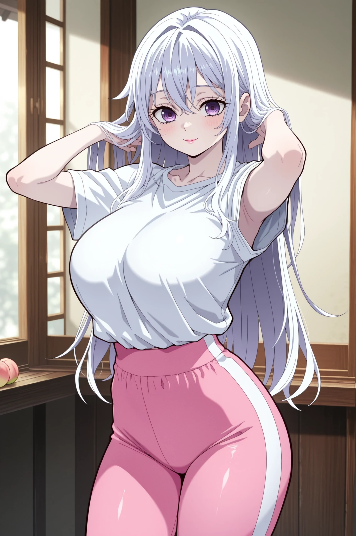 (masterpiece:1.2, best quality:1.2, beautiful, high quality, highres:1.1, aesthetic), detailed, extremely detailed, ambient soft lighting, 4K, perfect eyes, perfect face, perfect lighting, 1girl, solo, huge breasts, huge ass, huge thighs, narrow waist, wide hips, thick thighs, curvy, standing, looking at viewer, facing viewer, Emilia, Emilia from re zero, long hair, silver hair, blunt bangs, braid, hair ornament, hair flower, hair ribbon, purple ribbon blue pupils, purple eyes, ringed eyes, elf, cleavage, center opening, sports bra, booty shorts, blushing,sweating, (breathing hard), (panting), anime, smile, outdoors, (masterpiece:1.2), highres, best quality, 8k, very clear,