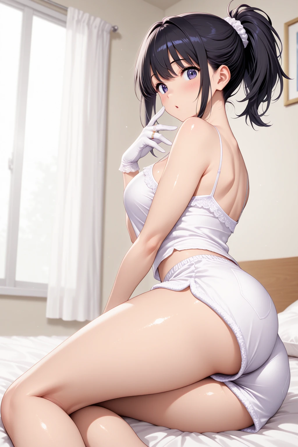 Browsing Caution, Highest quality, Official Art, masterpiece, Fabric Shading, High resolution,On all fours, White micro bikini, ox print bikini, 白いox柄の手袋,White gloves, ox-patterned elbow gloves, ox knee socks, oxbell, ox'ear, ox horn, Dining Room Background, vegetables, Anime Cel Style, Highest quality, High resolution, One Girl, (Huge breasts:1.2), Beautiful Face, blue eyes, Long Hair, ponytail, On the left is a white frilly hairband, A mole near the left eye, oxboy Shot, smile, Blushing,From above, Open your mouth, Kneel, Blowjob,
