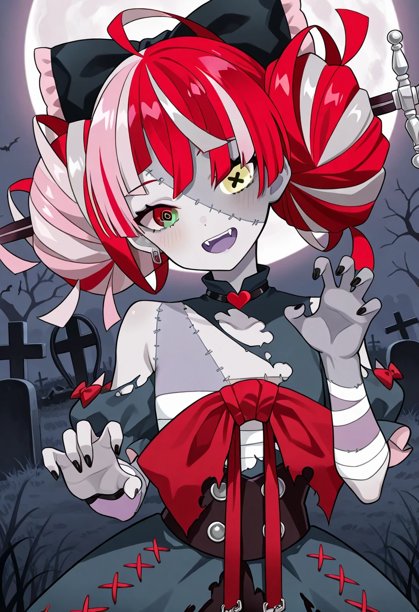 best quality, 4K wallpaper, masterpiece, extremely detailed CG unity 8k wallpaper, extremely detailed eyes, ultra-detailed, 1girl, solo, medium breasts, Ollie, zombie_skin, multicolored hair, multicolored eyes, twintails, pajamas, outdoors, night, graveyard, looking at viewer, smile, a sword, pose, <lora:Ollie:1>