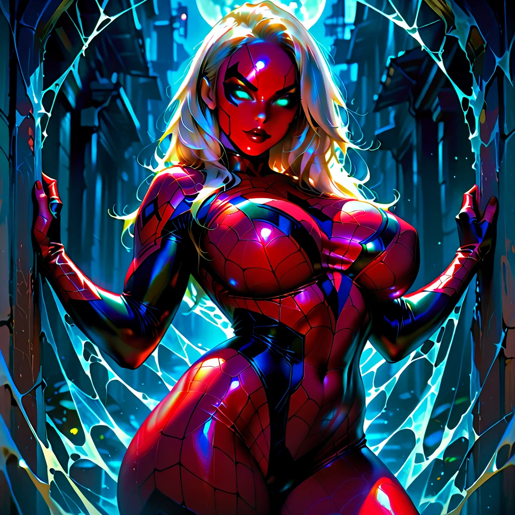 "Spider-Man female version, naked, quality of masterpiece, illuminated with prominence, intense atmosphere, dynamic pose, uniform faithful to the comics, dramatic background in dark tones,