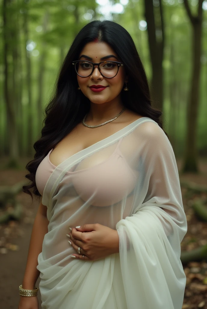 extreme close up photo of naked indian, NSFW,big cheeks, hourglass figure, curvy, standing in forest, red lips, nerd glasses,big , necklace, sultry, white transparent only saree, no blouse,no bra, struggling to cover her boobs with saree,look at viewer and subtle smile, (cinematic:1.3), intricate details, (ArtStation:1.2)nsfw