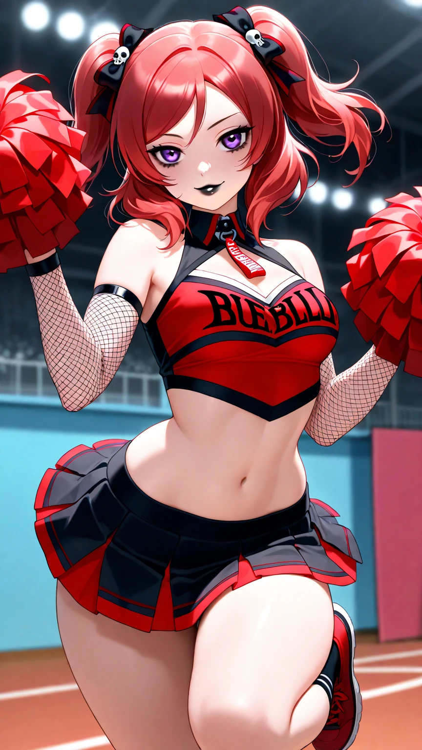 woman, grin, curly red hair in pig tails with ribbons, green eyes, black eyeshadow, wearing crop top black shirt, black jacket, red plaid skirt, black knee high boots, black fingerless gloves, exposed shoulders, large breasts, freckles, abs, cleavage, looking up at viewer, masterpiece, best quality, Holo-Punk Style, dancing on stage in a stadium, make up, eyelashes, fish net undershirt, fish net stockings, (full body)