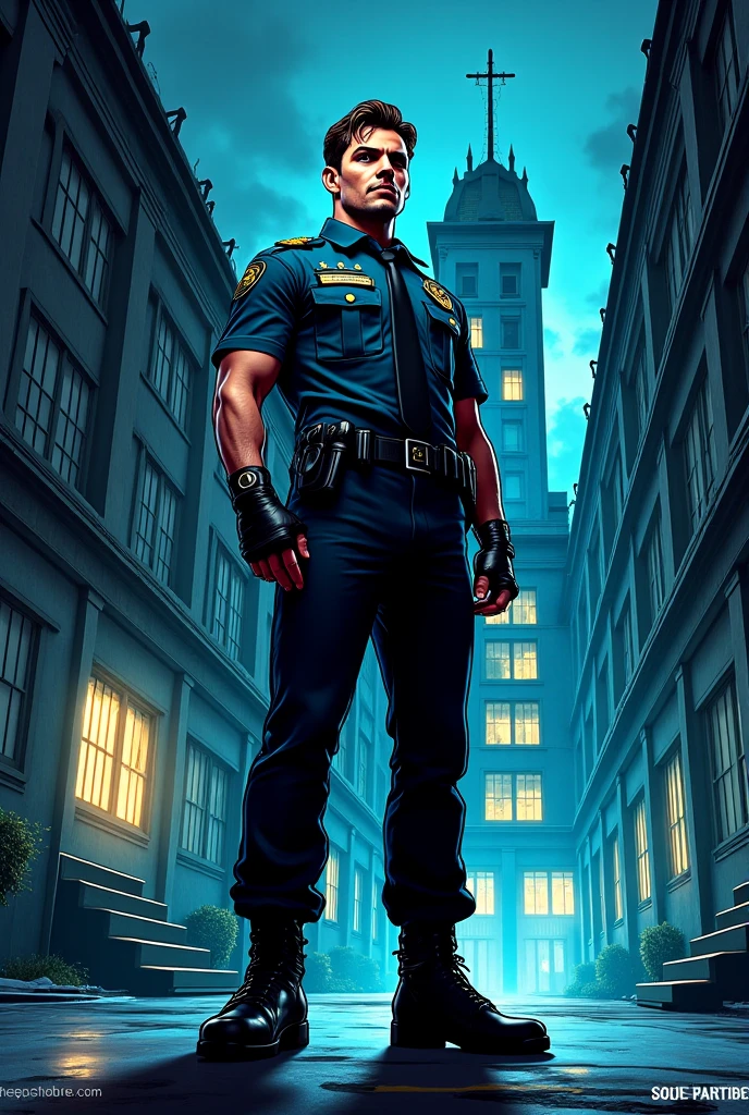vista inferior, olho de peixe, Estilo Marvel, DIGITAL ILLUSTRATION OF 3 POLICE OFFICERS posing with ambulance behind him, Estilo Marvel, Action movie poster, cirene ligada, luzes de neon vermelho, Noturno