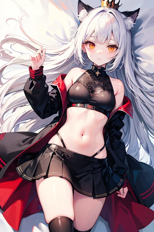 long hair, breasts, looking at viewer, multiple girls, red eyes, thighhighs, white background, navel, 2girls, underwear, purple eyes, weapon, white hair, boots, glasses, flat chest, polearm, spear, bonnet, lance