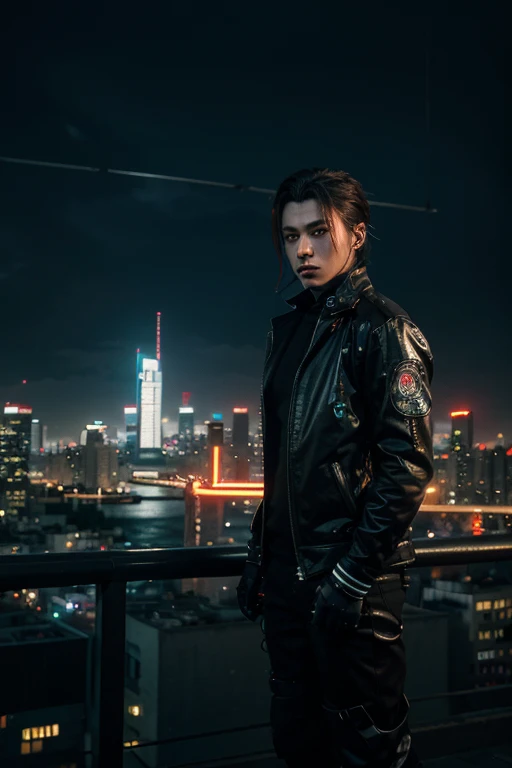 man character, cyber punk, and a futuristic japan style city