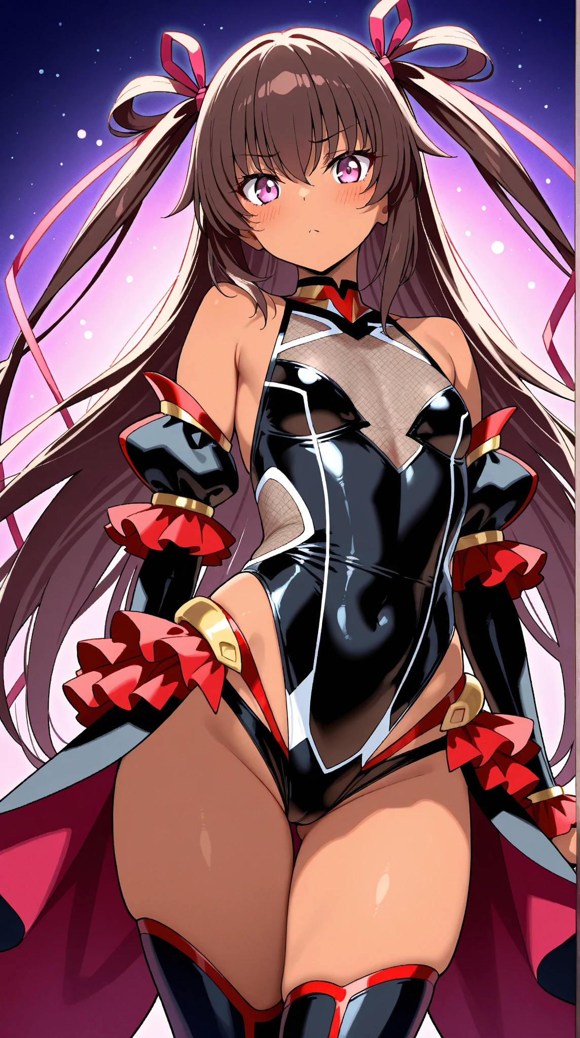 Extremely detailed and realistic CG, colorful, masterpiece, (Perfect Anatomy:1.3), Highest quality, One girl, alone, Imperial Redhead, Shiny Hair, Ridiculously long hair, Sideburns, Asymmetrical bangs, Red eyes, Shining Eyes, (Crazy Smile:1.2), (Wicked Smile:1.2), Sadistic smile, Grin, thin脚, Contrasting, Are standing, Tube top, Strapless, Shorts,  Open your mouth, , abdomen, belly button, , Stylish pose, Spotlight, Thigh straps, Fancy earrings, (tooth:1.2), Black elbow gloves, Movie angle, , Open Stance, latex, tight, thin,flat chest,twintail,thighhigh boots,dark purple background,deep shaded face,look down at viewer,Malice,contempt,laugh at,too evil,