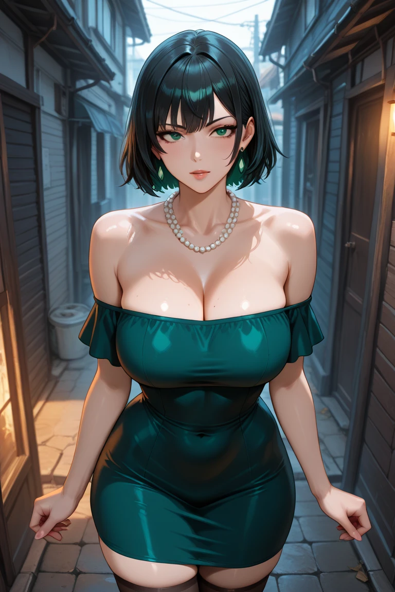 BREAK (masterpiece:1.2), best quality, high resolution, unity 8k wallpaper, (illustration:0.8), (beautiful detailed eyes:1.6), extremely detailed face, perfect lighting, extremely detailed CG, (perfect hands, perfect anatomy),city,street,wet road,reflections, buildings,night,fubuki, black hair, (green eyes:1.5), short hair,black dress, dress, fur coat, high collar, jewelry, necklace, off shoulder, taut clothes, taut dress, pantyhose,angry face, neckline,cleavege,nipples see through,sitting in bench, wide spread legs,showing panties.