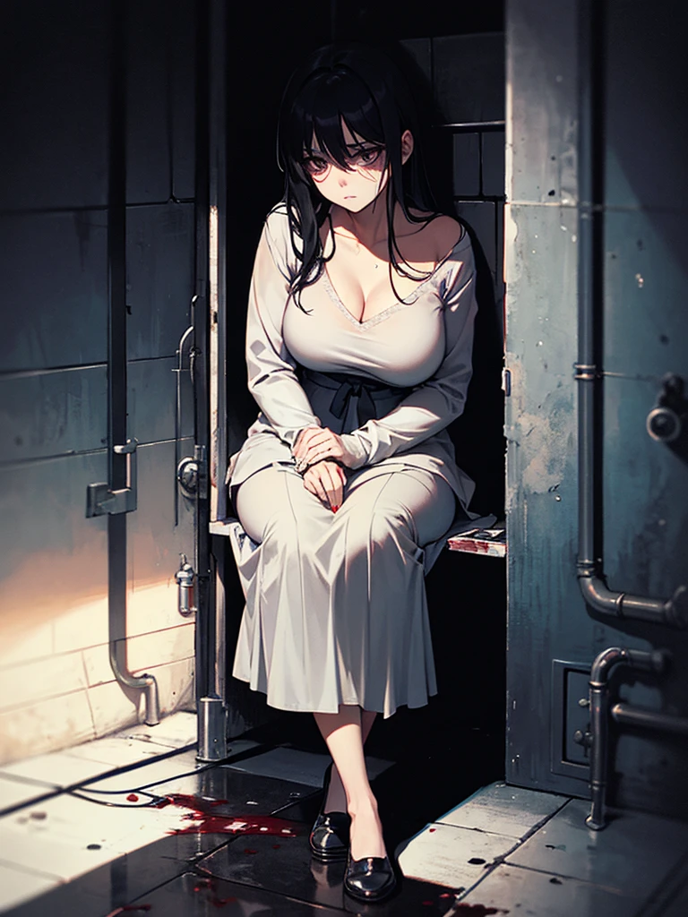 messy black long hair girl eyes are hidden Her clothes are like rags, and her hands and feet are shackled. she's in jail again the girl is crying The girl is very thin. high quality images