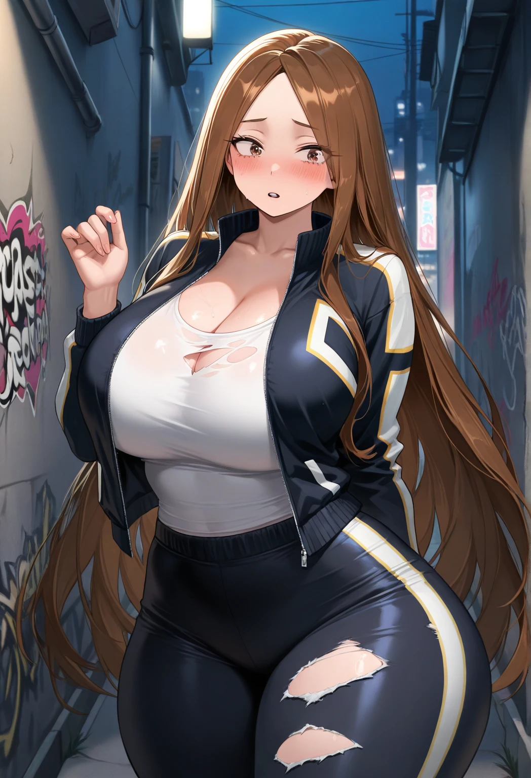 master piece, extremely detailed, high resolution, Haruba Negi style, Japanese anime style girl, tank top, military pants, brown hair, medium-long straight hair, front view, looking at the camera, happy expression, hip hop dance, mid-bust, slim waist, glossy, plump lips, fullbody, glossy hair, street dance, dance stage background, curious eyes, brown eyes, mouth closed and happy expression、
