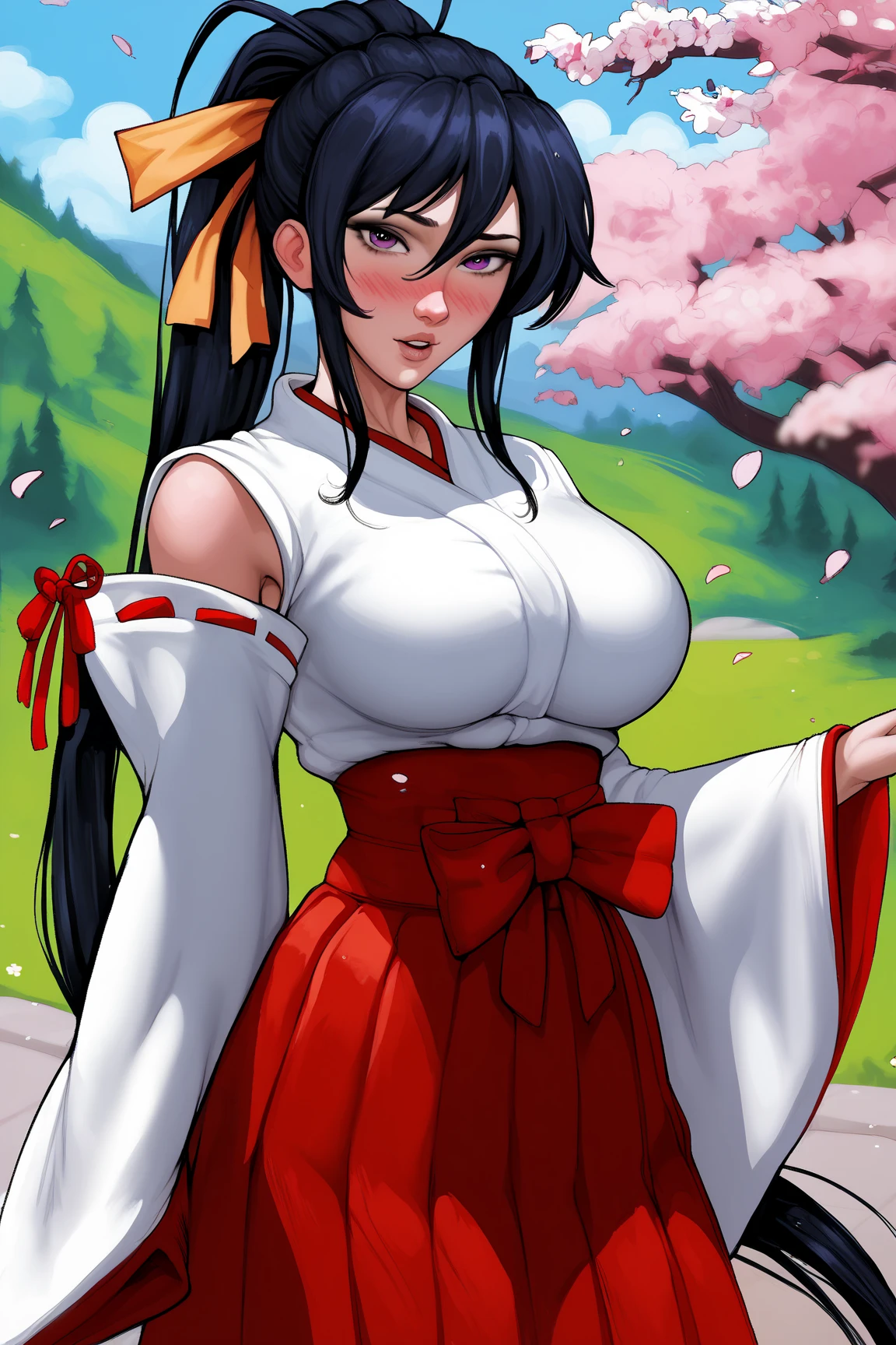 ((((Very nice smile))))、(((おでこを出す:1.5)))、((Direct your gaze this way))、1 girl,NsfW,(one peace wanokuni edition)、((ponytail、Red ribbon on the tie)) 、((they say olobi))、((A very sexy mini kimono dress with a large slit、(((Kimono obi)))、(((The white kimono is decorated with purple iris flowers)))、((Wearing a black haori with a red lining)),Exposed underboob)):1.2, White costume,((Short costume)),(((nico robin))),(ONEPIECE),((Huge breasts 1.8)), clavicle, Glowing purple eyes,absurdists, brainwashing,Hollow Eyes, ((Expressionless, Emotional removal)),avert your eyes , Full body portrait, Outdoor,Dim Alley,night, (highest quality、4K、8K、High resolution、Must have:1.2)、Very detailed、(reality、It is realistic.、Realistic:1.37)、ticker、hyper HD、Studio Lighting、Ultra High Definition Paint、Sharp focus、Physically Based Rendering、Extreme Detail、Professional specifications、Vibrancy and color、Blurred、Sports portrait、landscape、Horror Style、Anime Big Tits、sf、photograph、Concept Artist、Five Fingers, Perfect body, {{{masterpiece}}}, {{{highest quality}}}, {{Very detailed}}, {shape}, {{Very delicate and beautiful}},Improved cost performance、all roles、Canon 5D MK4でphotograph、photograph, ((((The back is surrounded by many flowers on the vast grassland、She is centered in the frontal shot、Surrounded by flowers that cover the background、sun shine、Illuminated by a dazzling light、Heavenly Sunshine))))(((Topless))),((( shirtless))), (((showing us perfect nipples, perfect areola, perfect nipples, estimated bust 88cm)))