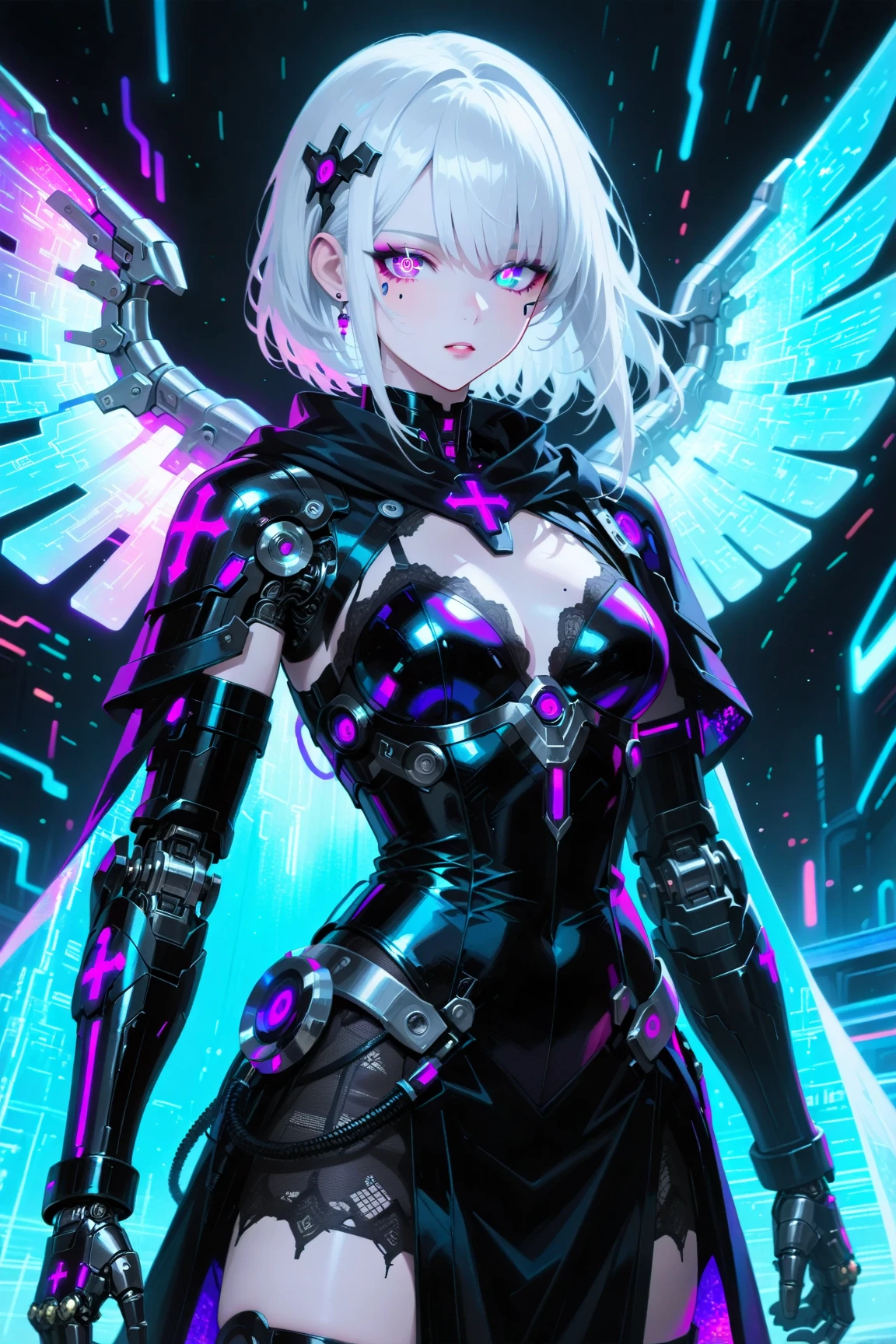 ((Extremely accurate depiction of details)Very accurate depiction)[High resolution],(detailed illustrations,とてもOKで緻密な描画,Delicate lines drawn in perfect tempo,Cowboy Shot、Realistic texture expression),[Color traced main lines],[two],[[conversion]] anime (CYBERGirl anime 美少女 13 歳 サイボーグ[Wavy Hair (Platinum Blonde)]),([Butterfly Wings] Magenta pink Papillon Cybernetic Armor [Aurora Armor] Body only transparent material) Cyber Headset,(Cybernetic [Transparent lenticular iris]),(Intricate and beautiful decoration [Intricate details]),(Fine and beautiful skin expression [Transparency]),[完璧な目のdetailed (Beautifully detailed iris)(Deep, jewel-like eyes)],(Shining Eyes[Pinpoint lighting for the eyes]),[長くて美しいeyelash],[Precisely drawn hair [美しく艷やかな髪のdetailed]],(完璧な手のdetailed [Beautiful fingers without damage [Beautiful nails]]),(Perfect Anatomy(Perfectly balanced ratio))[[Full body portrait]],[[Top-notch design]][Ideal color coordination(Accurate simulation of light-matter interactions)],([Precision down to the last detail](detailed,高OK)),[Visual arts that tell stories],((Highest quality)OK[[High density drawing]])[Full HD].Blake、（Dark Elf), (1 Girl), alone, Perfect Face, Get used to it, Ahoge, ((Long Hair:1.2)), (Hair above one eye:1.3), [[Messy Hair]], Shiny blonde white hair, Purple eyes, Variegated eyes, Colorful Hair, Shining Eyes, (eyelash, eye shadow, pink eye shadow), bright, smile, Design Art：haruhiko mikimoto, by Kawashi, By Yoshitaka Amano

