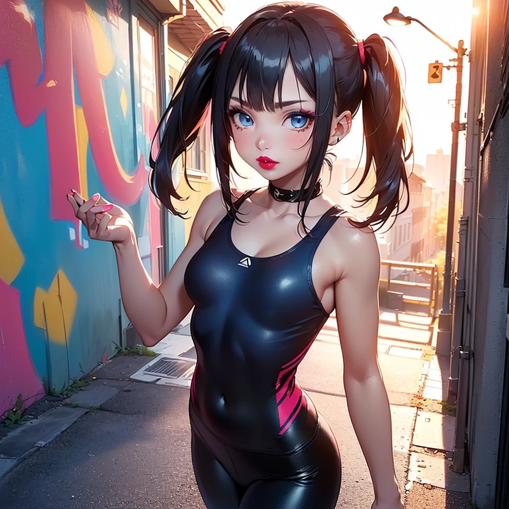best quality, masterpiece, highres, colorful, artstation, concept art, smooth, sharp focus, illustration, super detail, sport girl, smoking, holding a cigarette, 1girl, outdoor, trees, black hair, blue eyes, small hips, small butt, small ass, small breast, detailed face, delicate face, alone, view from above, she's leaning forward