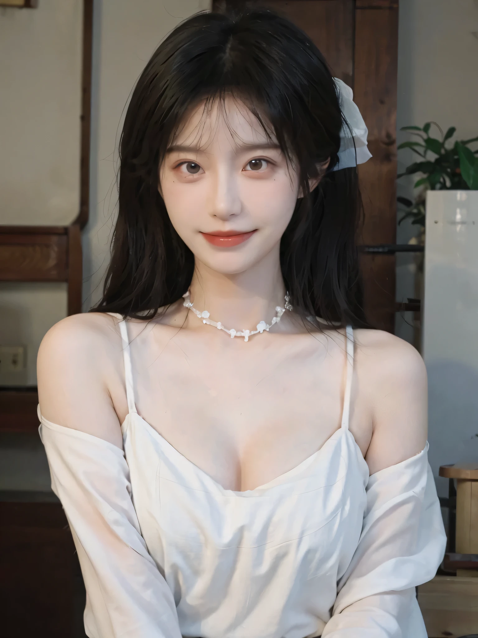 best qualtiy, 超高分辨率, (realisticlying:1.4),cute hairpin,Baoyu Girl,Stand in the wedding hall,(flatchest:1.1) ,A pair of clear and moving peach blossom eyes,Royal Sister,sunshine on face,Big wavy hairstyle,(choker necklace:1.2),(Fair skin:1.4),a sense of atmosphere,a beauty girl, ssmile,head straight-looking at viewer, closeup cleavage ,(Photorealistic:1.4),1girll,Sexy,(Upper body:1.4),(Wet body),(:1.2)