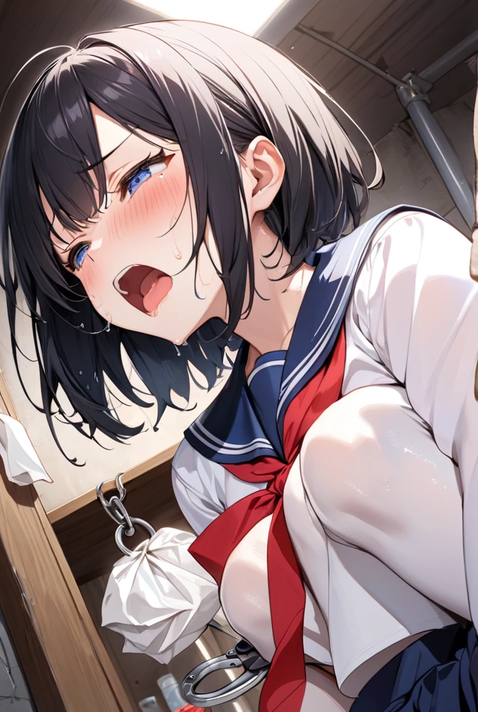 One naked girl、Being tortured、A branding iron is being applied to、Has a clit piercing、Clitoral piercing being pulled by fingers、Blue Hair、Feeling embarrassed、Are crying