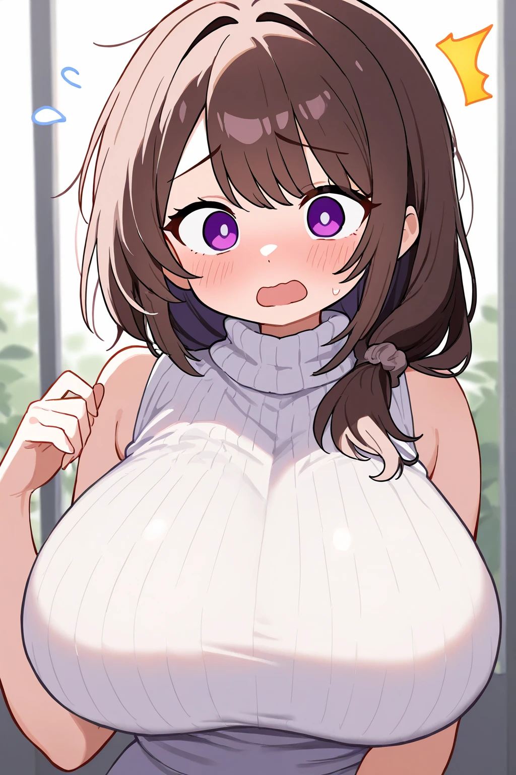 Sexy and cute woman, brown bangs, seductive gaze, blushing intensely, smiling, parted lips, oversized sweater, bare shoulders