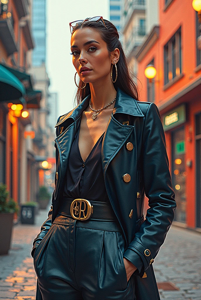 A Japanese woman walking in the city,Buildings,A plant,ssmile,Mixed Korean,The background is blurred out,focal,电影灯光,(((tmasterpiece))), ((best qualtiy)), ((Complex and detailed)), ((ultra-realistic realism)), Ridiculous resolution, A MILF, Mature woman, ssee-through, highly detailed, illustratio, 1girll, (huge tit), Thin waist and thick hips,long leges,beatiful detailed eyes, short detailed hair, brunette color hair, a purple eye, (leisure wear:1.2), jaket, (underdressing), a skirt, 耳Nipple Ring, (stocklings),high-heels, detailed back ground, perfect eyes, Seductive eye, looking at viewert, From the front