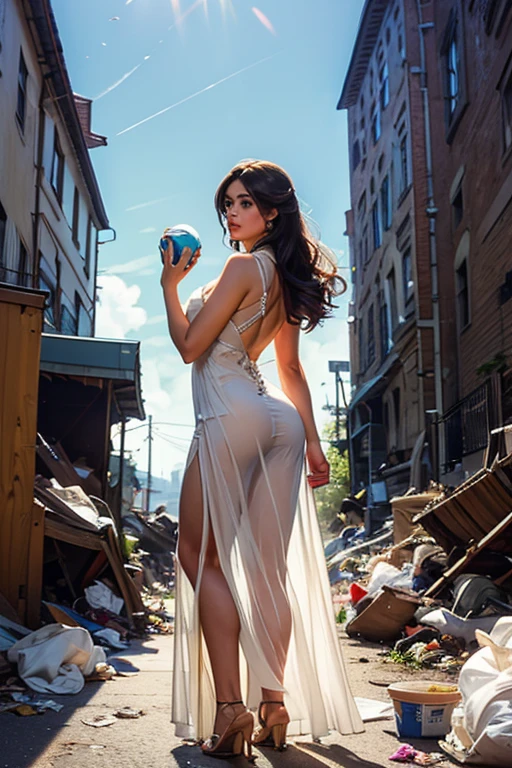 In a large garbage dump, an angel (Full body) is dressed in torn and rotten clothes that seem to blend seamlessly into the surroundings, against the background of New York skyscrapers, Her hair is unkempt and tangled, and her skin is covered with dirt and grime.