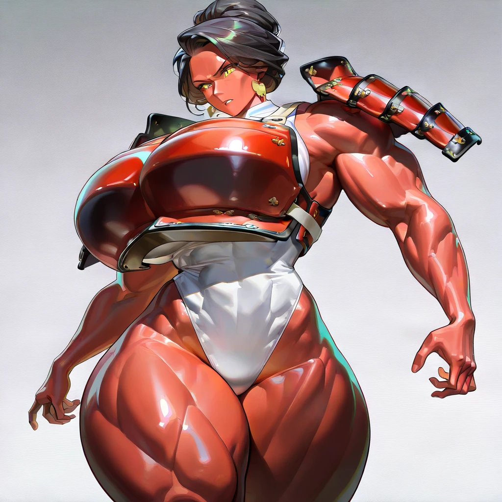 (Masterpiece, grey background:1.2) full body standing straight symmetrical looking to the viewer, view from below, far shot, cow boy shot, purple skin, drow, elf, 1girl, mature, purple eyes, pinched eyes, short silver white hair cut (yellow tiger bikini print long sleeves and long stockings) abs, navel, big knockers, tatter rags, leather choker, chain collar, stomach tattoo (red tattoo) hands on hips, wide hips, thick thighs, metal sandals