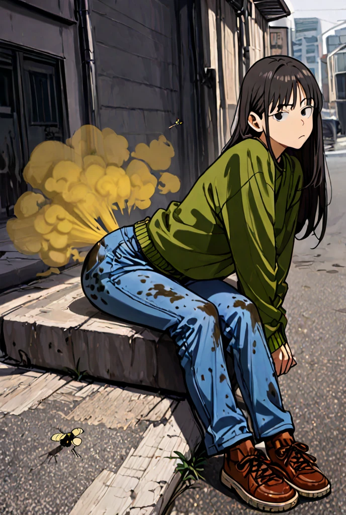 1girl, angry, curly hair, looking at viewer,(beautiful detailed blue eyes), (Persona:1.2),squatting, spread legs,(amagi_yukiko), (over size Colorful track suit pants),(Put your hands on the ground), line off, smile, (((highlight in eyes))), (((small mat))), (((Narrow gravel road))), (thick outline), Sand road, ((Crouch on a muddy doormat)), (from below:1.3), (glowing eyes), (()), (((Turn your back))), (from below:1.7)