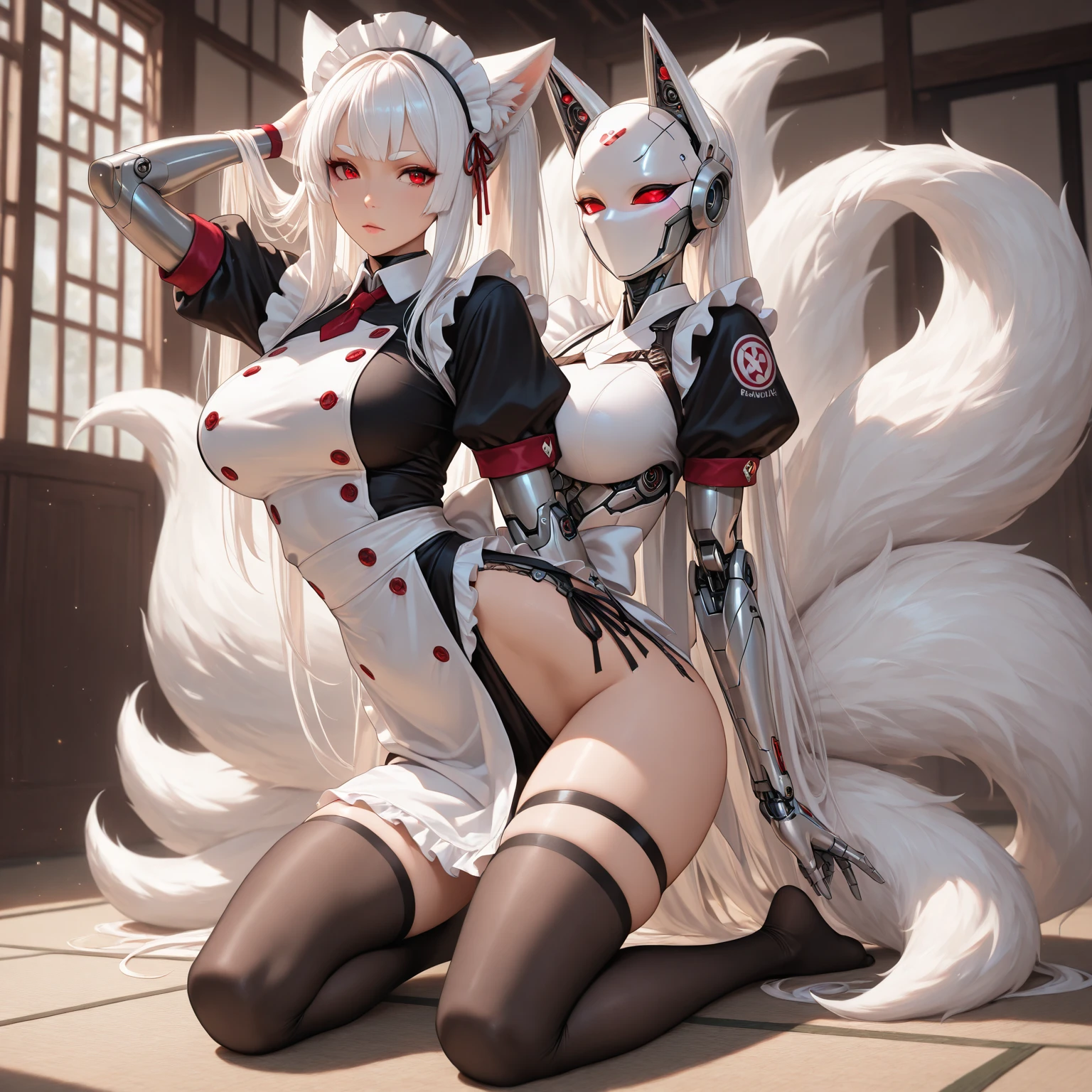 (Yoko Kurama):Height: Taller than your human form, with an imposing presence.
hairs: long and silver, giving an ethereal and majestic appearance.
muka: Sharper and more angular, with more striking features and an often cold and calculating expression.
eyeballs: golden, bright and intense, with feline pupils that highlight its predatory nature.
ears: Pointy, similar to those of an elf or fox.
Tailpussy: A long, silver fox tail.
Skinned: clear, but with a supernatural glow.
Physical condition: Muscular and agile, with graceful and precise movements.
This physiognomy of Yoko Kurama reflects her dual nature, combining the cunning and power of the fox demon with the intelligence and sensitivity of his human form.