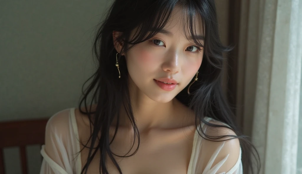 Vertical screen、8k、It depicts a beautiful Japanese girl with long black hair.。Her hair is straight、It reflects light and gives off a beautiful shine.。The tip of the hair has a blue gradient.、Adds a unique accent to the overall atmosphere.。Her hair flutters in the wind.、It features a depiction of movement.。

Her eyes are a very bright blue、Eye-catching。The eyes are deep、It shines like a jewel。Her eyes are fixed on the camera、Make a strong impression on the viewer。Her eyes are delicately drawn、Long eyelashes stand out。

Her skin is very smooth、It has a ceramic-like texture。There is a slight redness on the cheeks、Enhances natural beauty。Lips are pink、Soft lines are drawn。Overall、Her expression is calm, but、It exudes a mysterious atmosphere。

Her star-shaped earrings sparkle、Her simple yet gorgeous accessories enhance her beauty even more.。The earrings reflect light、It enhances the overall brightness of the image。

The background is simple、A pale blue gradation spreads。The simplicity of the background makes her figure stand out even more.、The overall composition is very well balanced.。The light and shadow effects in the background give her hair and skin beautiful highlights.。

The use of light is also very clever.、The light on her face and hair is soft.。especially、The way the light reflects off the blue of her hair is beautifully depicted.。The contrast of light and shadow gives the whole piece a three-dimensional look.、Makes her look real。

as a whole、This image is very realistic, but、Contains fantastic elements。Her natural beauty and the simplicity of the background are a perfect match.、It offers a highly engaging visual experience。This work is packed with realistic depictions and artistic elements that users love.。