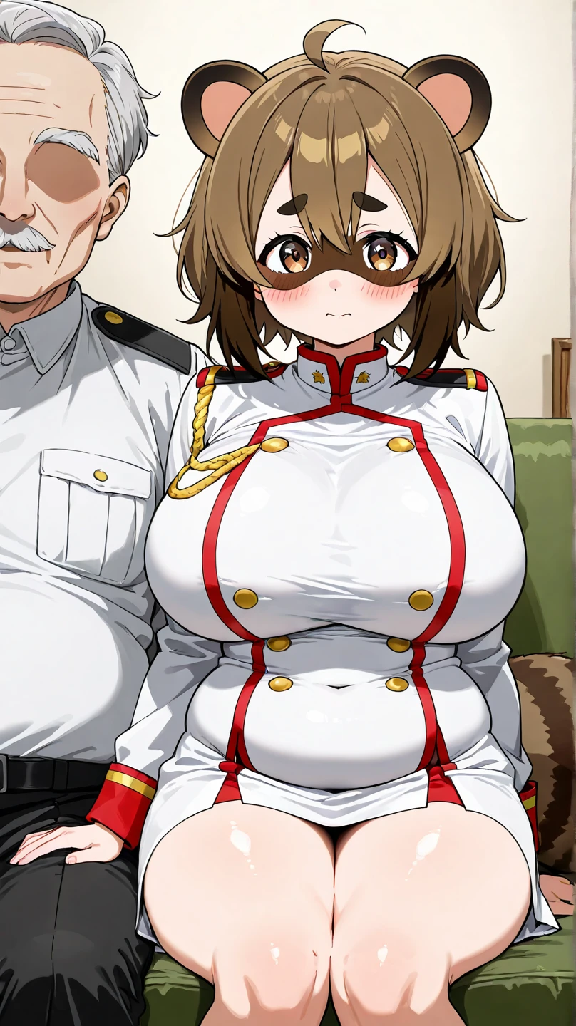 A girl who wears military clothes, brown heirs, gigantic breasts, anime cartoon, german third reich, long heirs,((highest quality)), ((masterpiece)),details, bleu eyes