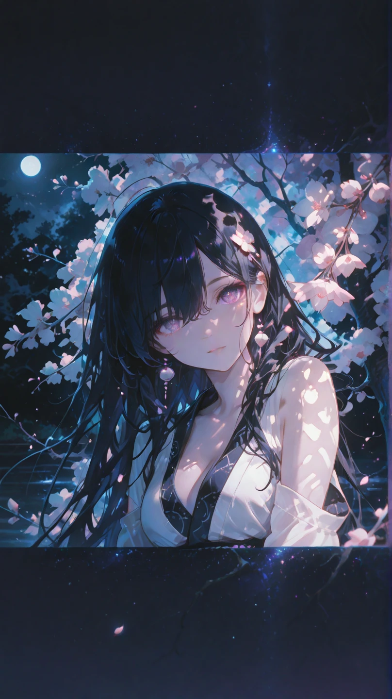 "A watercolor painting depicting a scene of profound beauty and aesthetic appeal. It features a girl with strikingly colorful hair, half black and half blossoming with flowers. The setting includes elements of water and liquid, manifesting in the dark hues of the night. Despite the vibrant colors, a sense of despair permeates the scene as the solitary woman appears to be weeping."