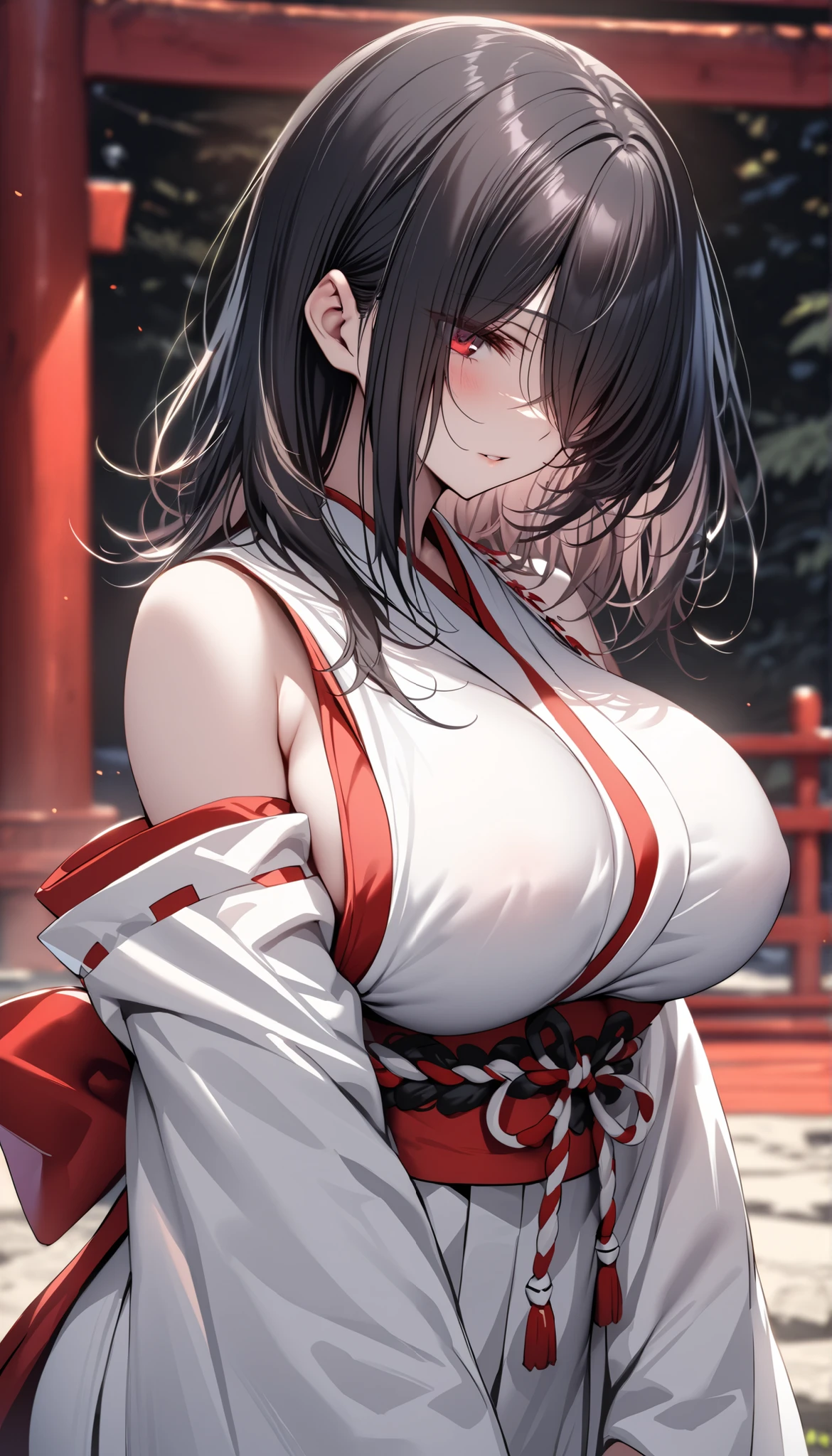 best quality, masterpiece, Extremely detailed CG, Extremely detailed 8k wallpaper, permanent, HDR ,1 Girl, Solitary, outdoor, Japanese Shrines, Shrine maiden, Solitary, long hair, Black Hair, Straight Hair, The bangs covering the eyes are slightly red, Intricate details, Ultra Detailed, Beautiful character design, Perfect face, For the audience, Huge breasts, Slim waist, Put your arms at your sides, White skin, Hair covering eyes, golden brown eyes，tall，Bottom-up perspective
