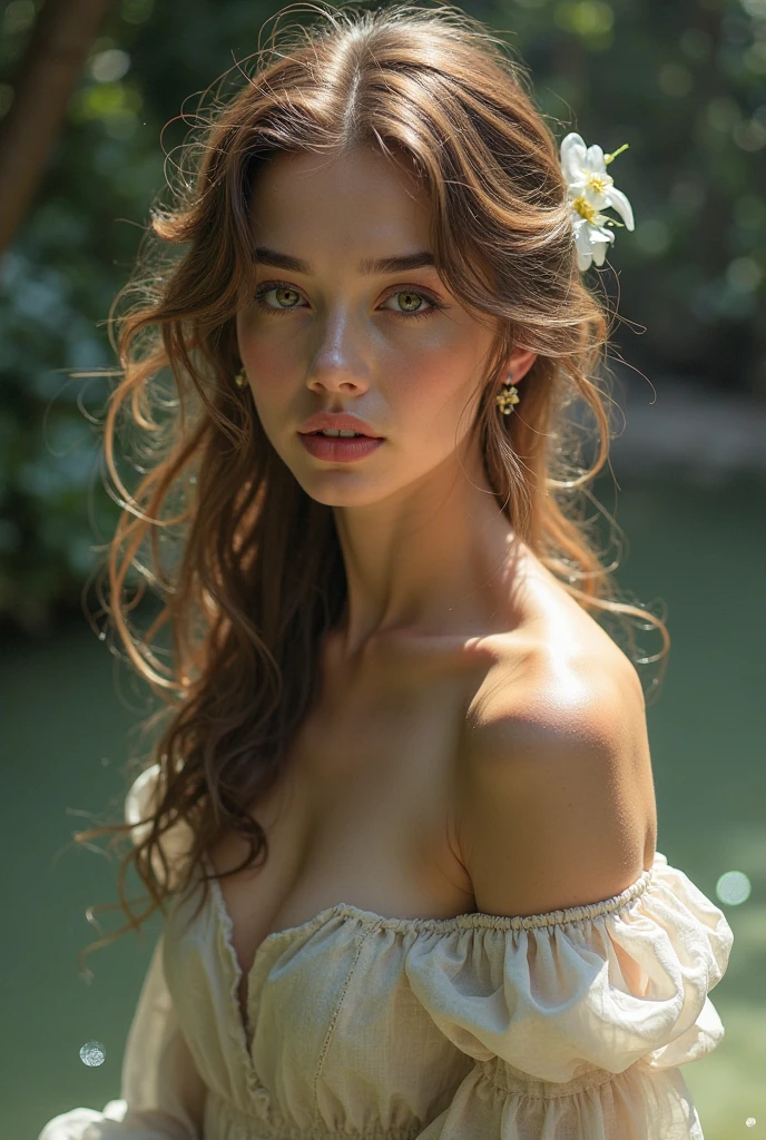 un gros plan d'une femme portant une robe blanche et une fleur dans les cheveux, Portrait de Sophie Mudd, magnifique jeune mannequin, Anna Nikonova alias Newmilky, belle jeune fille, very nice model, jolie jeune femme, beautiful girl model, Female model from 2 to 4 years old, Bella Poarch, Une belle jeune femme, Angelina Stroganova, very beautiful young woman