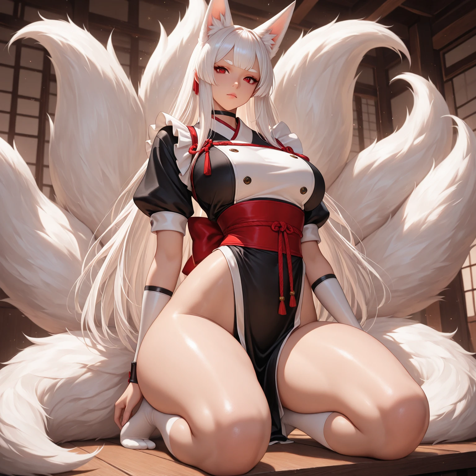 nine tail fox（Daji），Lie on your back on the ground，White Silky Skin，The eyes are extremely charming，cheeks slightly red，Breasts are medium in size，Breast nudity，There are bodily fluids，There are no clothes on the lower body，Make seductive movements